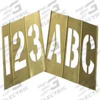 APPROVED VENDOR Stencil Set: 6 in Character Ht, Brass, Interlocking (MPN 20Y504). Key specifications — Includes: (4) E; Characters Included: Period (.); Brand: APPROVED VENDOR; Included Characters: Apostrophe (').