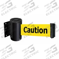 TENSABARRIER Retractable Belt Barrier: Fixed Mounting Plate, 7 1/2 ft Belt Lg, Caution Messaging (MPN 896-STD-33-STD-NO-YAX-C). Key specifications — Message Color: Black; Frame Color: Black; Brand: TENSABARRIER; Belt Color: Yellow.