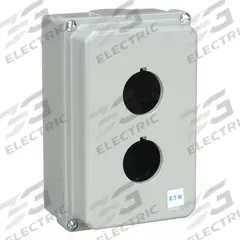 EATON Push Button Enclosure: 30mm, 2 Holes, Cast Zinc, NEMA 12/13/4/4X (MPN 10250TN12). Key specifications — attr211299: EATON; attr1043605: Washdown-Corrosion-Resistant.
