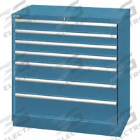 LISTA Modular Drawer Cabinet: 40 1/4 in x 22 1/2 in x 39 3/8 in, 7 Drawers, 96 Compartments, Steel (MPN HS09-0702A-FTKACB). Key specifications — Drawer Inside Height: (1) 7.09 in; Drawer Access: Single; Base Type: Frame; Number of Compartments per Drawer: (1) 6; Brand: LISTA; Cabinet Color: Classic Blue.