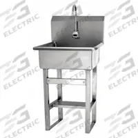 SANI-LAV Hands-Free Sink: 46 1/2 in Overall Ht, 20 in Bowl Lg, 9 in Bowl Dp, 2 gpm Flow Rate, Sensor (MPN 524B). Key specifications — Includes Side Splash: Side Splash Not Included; Power Source: Battery Powered; Brand: SANI-LAV.