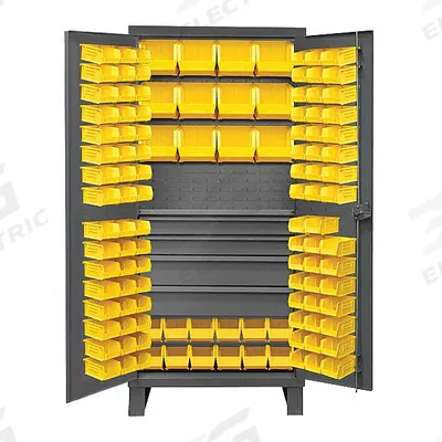 DURHAM MFG Bin Cabinet: 36 in x 24 in 78 in, 1 Shelves, 120 Bins, Yellow, 4 Drawers - Standard Bin Cabinets with Shelves & Drawers