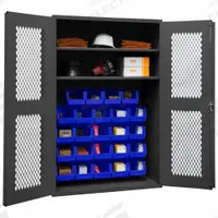 DURHAM MFG Bin Cabinet: 48 in x 18 in 72 in, 2 Shelves, 24 Bins, Blue, Ventilated, 14 ga Panel, Gray (MPN EMDC-481872-24B-2S-5295). Key specifications — Bin Color: Blue; Bin HxWxD: (24) 8 in x 15 in x 7 in; Assembled: Assembled; Cabinet Style: Shelf and Bin; Brand: DURHAM MFG; Cabinet Color: Gray; Cabinet Finish: Powder Coated; Cabinet Material: Steel.