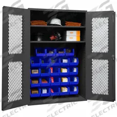 DURHAM MFG Bin Cabinet: 48 in x 18 in 72 in, 2 Shelves, 24 Bins, Blue, Ventilated, 14 ga Panel, Gray (MPN EMDC-481872-24B-2S-5295). Key specifications — Bin Color: Blue; Bin HxWxD: (24) 8 in x 15 in x 7 in; Assembled: Assembled; Cabinet Style: Shelf and Bin; Brand: DURHAM MFG; Cabinet Color: Gray; Cabinet Finish: Powder Coated; Cabinet Material: Steel.