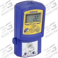 HAKKO Soldering Iron Tester: 32°F to 1,300°F (MPN FG100B-03). Key specifications — Display Units of Measure: Fahrenheit; Tip Voltage to Ground Range: 0-40°C (32-104°F); Thermocouple Type: Type K (CA); Operating Voltage: 9V; Manufacturer Part Number: FG100B-03; Power Source: Battery; Tip Voltage to Ground Accuracy: ±6°F; Product Type: Tip Thermometer.