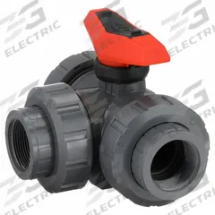 GF PIPING SYSTEMS Manual Three-Way Ball Valve: 2 in, PVC, L Flow, FNPT x FNPT x FNPT, Two-Piece (MPN 161543107). Key specifications — Brand: GF PIPING SYSTEMS; Handle: Locking Lever.