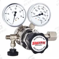 SMITH EQUIPMENT High Purity Gas Regulator: Two Stage, CGA 346 Inlet, 1/4" NPT M Outlet, 50 psig (MPN 121-2005). Key specifications — Brand: SMITH EQUIPMENT; Manufacturer Part Number: 121-2005; Diaphragm Material: Neoprene; Outlet Connection: 1/4" NPT M; Inlet Connection: CGA 346.