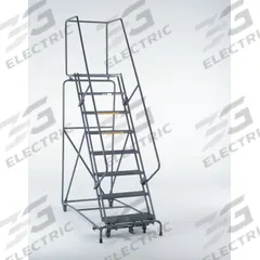 BALLYMORE Rolling Ladder: 7.5 ft Platform Ht, Assembled, Steel, Manual Lock, Perforated (MPN 093214PSU). Key specifications — Includes Handrails: Handrails Included; Material: Steel; Brand: BALLYMORE; Color: Gray.