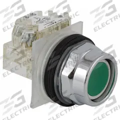 SCHNEIDER Extended Push Button Operator: Non-Illuminated, Extended Profile, Metallic, 30 mm, 1NO (MPN 9001KR2GH5). Key specifications — Brand: SCHNEIDER; Action: Momentary; Series: 9001K; Push Button Material Type: Metallic.