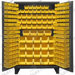 DURHAM MFG Bin Cabinet: 48 in x 24 in 78 in, 0 Shelves, 192 Bins, Yellow, Flush, 12 ga Panel, Gray (MPN HDC48-192-95). Key specifications — Bin Color: Yellow; Bin HxWxD: (24) 6 in x 11 in x 5 in; Assembled: Assembled; Cabinet Style: Shelf and Bin; Brand: DURHAM MFG; Cabinet Color: Gray; Cabinet Finish: Powder Coated; Cabinet Material: Steel.