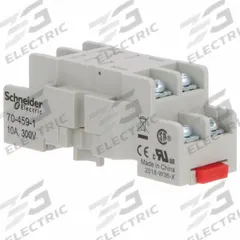 SCHNEIDER Relay Socket: 10 A Rating, DIN-Rail Socket Mounting, 8 Pins, D Socket, Std, Finger Safe (MPN 70-459-1). Key specifications — Brand: SCHNEIDER.
