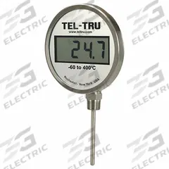 TEL-TRU Digital Thermometer: 4 in Stem Lg, -75°F to 750°F, ±0.5°F/0.3°C, 1/2 in Thread Size, NPT (MPN ND5CB09111-P22046). Key specifications — Thread Type: NPT; Brand: TEL-TRU; Accuracy: ±0.5 °F/0.3 °C.