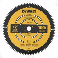 DEWALT Circular Saw Blade: 12 in Blade Dia., 100 Teeth, 0.11 in Cut Wd, 1 in Arbor Size, Finishing (MPN DWA112100). Key specifications — attr1116119: DEWALT; attr1145631: Hardwood.