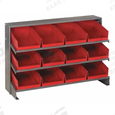 QUANTUM STORAGE SYSTEMS Bench Pick Rack: 36 in x 12 in x 21 in, 1 Usable Sides, 3 Shelves - Metal Stationary Pick Racks with Open-Front Bins