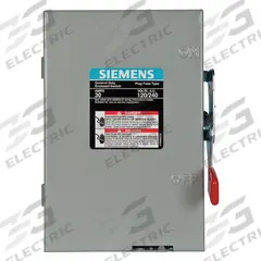 SIEMENS Safety Switch: Fusible, 30 A, Single Phase, 240V AC, Galvanized Steel, Indoor (MPN LF211N). Key specifications — Brand: SIEMENS.
