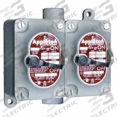 APPLETON ELECTRIC Tumbler Switch: 2 Gang, 3-Way, 20 A, 277 V AC, Feed-Thru Hub, 3/4 in Hub Size (MPN EDSC275-F3W). Key specifications — attr211272: APPLETON ELECTRIC.