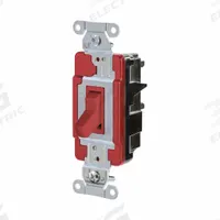 HUBBELL Wall Switch: Toggle Switch, 3-Way, Maintained, Red, 120/277V AC, 20 A (MPN HBL1223STR). Key specifications — Illuminated: No; Voltage Rating: 120/277V AC.