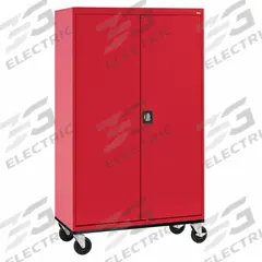 SANDUSKY Shelf Cabinet: Casters, 46 in x 24 in x 78 in, Recessed, Keyed, 4 Shelves, (4) Adj, Shelves. Key specifications — Door Handle Type: Recessed; Frame Assembled: Assembled; Cabinet Finish: Powder Coated; Cabinet Material: Steel; Base Type: Casters; Cabinet Color: Red; Shelf Adjustability: (4) Adjustable; Cabinet Storage Components: Shelves.