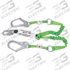 MILLER BY PIP Shock-Absorbing Lanyard: Shock Pack, Steel Rebar Hook, Steel Snap Hook, 2 Legs, Green (MPN 980RSS-RR-Z7/6FTGN). Key specifications — Brand: MILLER BY PIP; Color: Green; Visual Load Indicator: Yes; Shock-Absorbing Lanyard Material: Polyester.
