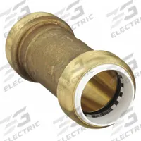 SHARKBITE Push-Fit Coupling Fitting: Straight, 1 in OD x 1 in OD Size, Brass, Coupling (MPN UIP3020). Key specifications — Brand: SHARKBITE.