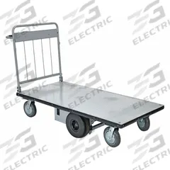 VESTIL Powered Platform Truck: 1,500 lb, 60 in L x 28 in W x 12 in H Deck, 42 in Overall Ht, Rubber (MPN EMHC-2860-1). Key specifications — Handle Type: Ergonomic; Brand: VESTIL; Battery Type: (2) 12V/45Ah.