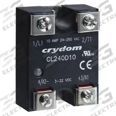 CRYDOM Solid State Relay: Surface Mounted, 5 A Max Output Current, Triac, AC Output (MPN CL240D05R). Key specifications — Brand: CRYDOM; Current Type: AC; Electrical Connection: Screw Clamp; Finger Safe: No; Maximum Output Current without Heat Sink: 2.9 A; Mounting Style: Panel; Output Voltage: 24 to 280V AC; Switch Configuration: Form A.
