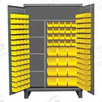 DURHAM MFG Bin Cabinet: 48 in x 24 in 78 in, 4 Shelves, 156 Bins, Yellow, Flush, 12 ga Panel, Gray (MPN HDJC244878-156-4S95). Key specifications — Bin Color: Yellow; Bin HxWxD: (24) 6 in x 11 in x 5 in; Assembled: Assembled; Cabinet Style: Shelf and Bin; Brand: DURHAM MFG; Cabinet Color: Gray; Cabinet Finish: Powder Coated; Cabinet Material: Steel.