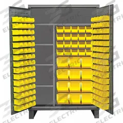DURHAM MFG Bin Cabinet: 48 in x 24 in 78 in, 4 Shelves, 156 Bins, Yellow, Flush, 12 ga Panel, Gray (MPN HDJC244878-156-4S95). Key specifications — Bin Color: Yellow; Bin HxWxD: (24) 6 in x 11 in x 5 in; Assembled: Assembled; Cabinet Style: Shelf and Bin; Brand: DURHAM MFG; Cabinet Color: Gray; Cabinet Finish: Powder Coated; Cabinet Material: Steel.