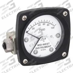 MIDWEST INSTRUMENT Differential Pressure Gauge: Back, 1/4 in NPT Female, ±3-2-3% Gauge Accuracy, 120 (MPN 120-AA-00-OO-100P). Key specifications — Sensor Type: Piston; Series: 120; Housing Material: Aluminum; Certificate of Calibration: Not Included; Gauge Accuracy: ±3-2-3%.