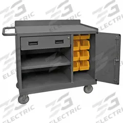 DURHAM MFG Mobile Cabinet Workbench: 36 in x 18 in, Steel, 1,200 lb Overall Load Capacity, Gray (MPN 2212A-BLP-8B-LU-95). Key specifications — Included Components: Handle on Side; Assembly: Fully Assembled; Brand: DURHAM MFG.