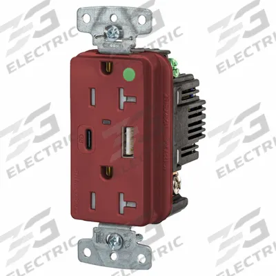 HUBBELL Receptacle: Duplex, 5-20R, 2 USB Ports, USB Type A/C, Red, 125V AC - Hospital-Grade Receptacles with USB Chargers