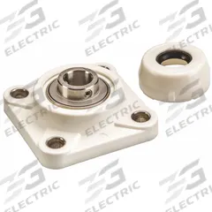 NTN 4 Bolt Flange Bearing: Radial Ball, 1 1/2 in Bore, Polymer, Set Screws, 5 7/64 in Lg, Square (MPN SUCFPL208-24C0FG1). Key specifications — Bore Type: Cylindrical; Brand: NTN; Lubricant Material: FDA/USDA-H1 Solid Grease; Mounting Bolt Size: 1/2 in; System of Measurement: Inch; Included Bearing Cap: Open Cap.