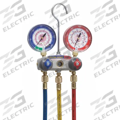 YELLOW JACKET Manifold Gauge: 2 Valves, 3 Hoses, Series Titan - Analog Manifold Gauge Kits