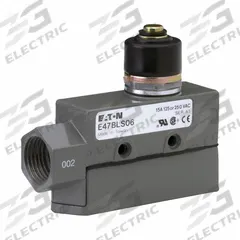 EATON Snap Action Switch: Plunger Actuator, SPDT, Screw Terminals (MPN E47BLS06). Key specifications — AC Contact Rating: 15 A @ 250 V; Electrical Connection: Screw Terminals; Series: E47; Brand: EATON.