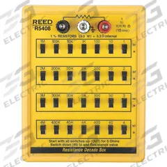 REED INSTRUMENTS Resistance Decade Box: 1 ohm to 110 ohm, 7 Decades, 1% Accuracy (MPN R5408). Key specifications — Brand: REED INSTRUMENTS.