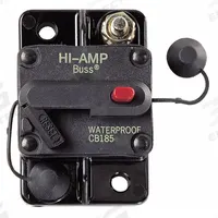 Automotive Circuit Breaker: CB185, 48V DC, 3 kA at 48V DC, Stud (MPN CB185-70). Key specifications — Series: CB185; Voltage: 48V DC; Interrupt Rating: 3 kA at 48V DC; Terminal Connection: Stud; Circuit Breaker Type: Hi-Amp Circuit Breaker; Brand: BUSSMANN.