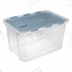 STERILITE Storage Tote: 15 gal, 24 in x 16 in x 13 1/4 in, Clear Body, Blue Lid, Stacking Capable (MPN 23966H06). Key specifications — Material: Plastic; Brand: STERILITE.