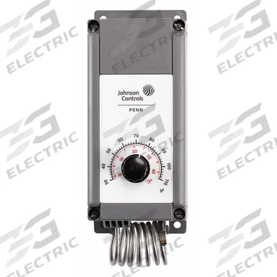 JOHNSON CONTROLS Line Volt Mechanical Tstat: Heat or Cool, Plastic, 30° to 110°F - Weatherproof Single-Stage Controls