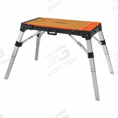 OMNITABLE WORKTABLE: Adj Ht, Plastic, 19 in Overall Wd, 4 1/5 in Overall Dp (MPN E0130140). Key specifications — Height Adjustability: Adjustable Height; Height Adjustment Mechanism: Pull Pin; Brand: OMNITABLE; Portability: Fold-Up Legs; Top Material: Plastic; Included Components: Built-in Protractor; Features: Scaffold: 500 lb Capacity; Clamping System: Standard Bar Clamp.