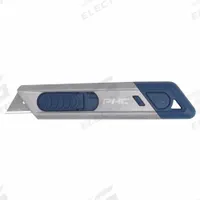 PACIFIC HANDY CUTTER, INC Safety Knife: 6 in Overall Lg, Plain, 1 1/4 in Overall Wd, Metal, Blue (MPN E12208-9). Key specifications — attr307884: Slide Release Button; attr307885: Stainless Steel Standard Tip; attr307882: Blue; attr307878: Plain; attr307881: Metal; attr324892: PACIFIC HANDY CUTTER, INC.