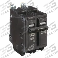 GE Miniature Circuit Breaker: THQB, 45 A, 120/240V AC, Single Phase, 10kA at 120/240V AC, Std (MPN THQB2145). Key specifications — attr195972: 45 A; attr195973: 120/240V AC; attr195974: Single; attr195975: 10kA at 120/240V AC; attr195976: Lighting Panels.