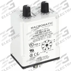 MACROMATIC Single Function Time Delay Relay: Socket Mounted, 24V AC/DC, 10 A, 8 Pins/Terminals (MPN TR-55128-05). Key specifications — Brand: MACROMATIC.