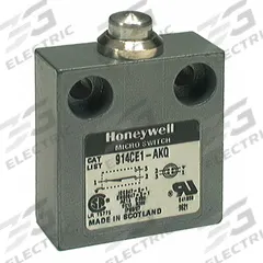 HONEYWELL Non Plug-In Limit Switch: Plunger Actuator, Metallic, Plunger, 2 Mounting Holes, 914CE (MPN 914CE1-9). Key specifications — Manufacturer Part Number: 914CE1-9; Brand: HONEYWELL; Electrical Connection: 9 ft Cable; Series: 914CE; Body Material Type: Metallic; Actuator Type: Plunger.