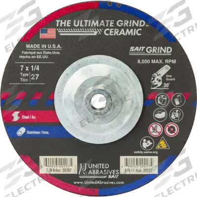 UNITED ABRASIVES-SAIT Abrasive Grinding Wheel: Type 27, 7" x 1/4" x 5/8"-11, Ceramic, 24 Grit - Cool-Cutting Grinding Wheels for Carbon & Stainless Steel