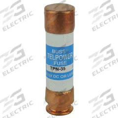 BUSSMANN Telecom Protection Fuse: TPN Series, Fast-Acting, Cylindrical, 35 A, 170 V DC (MPN TPN-35). Key specifications — Series: TPN; Brand: BUSSMANN.