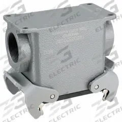 HARTING M32 Rectangular Connector Housing: Size 32 A, Surface Mount, Gray, Aluminum Die-Cast, IP65 (MPN 19200320232). Key specifications — IP Rating: IP65; Size Designation: 32 A; Cable Entry Thread Size: M32; Seal Material: NBR; Locking Type: Dual Lever; Brand: HARTING; Primary Material: Aluminum; Operating Temperature Range: -40 to 125 Degrees C.