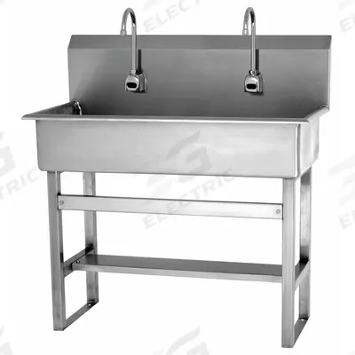 SANI-LAV Wash Station: 45 in Overall Ht, 37 in Bowl Lg, 8 in Bowl Dp, 2 gpm Flow Rate - Two-Station Freestanding Wash Stations with Faucets