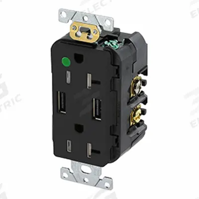 LEVITON Receptacle: Duplex, 5-20R, 2 USB Ports, USB Type A, Black, 125V AC - Hospital-Grade Receptacles with USB Chargers