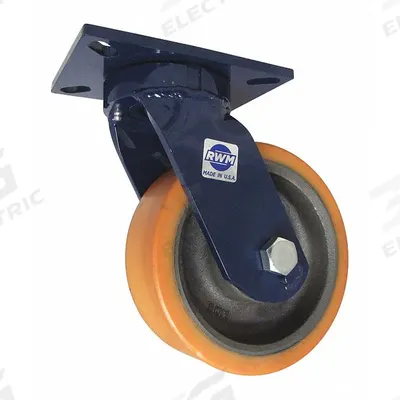 RWM Plate Caster: Swivel, Polyurethane, 8 in Wheel Dia, 3 in Wheel Wd, 10 3/8 in Mounting Ht - Heavy-Duty General-Purpose Kingpinless Plate Casters