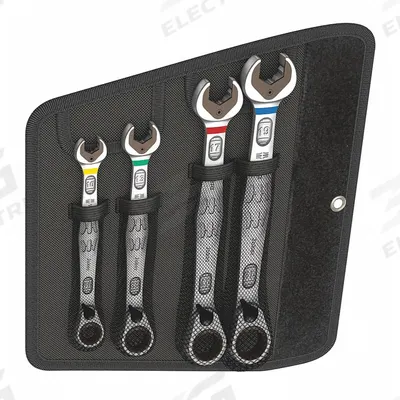 WERA Combination Wrench Set: Alloy Steel, Nickel Chrome, 4 Tools - Metric 12-Point Ratcheting Combination Wrench Sets